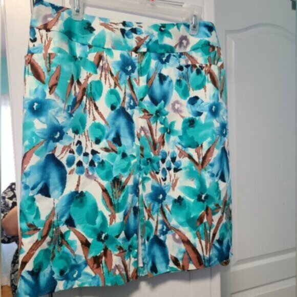 Laura Petites Floral Blue Green Front Slit Pocket Knee Length Midi Pencil Skirt - Picture 9 of 15